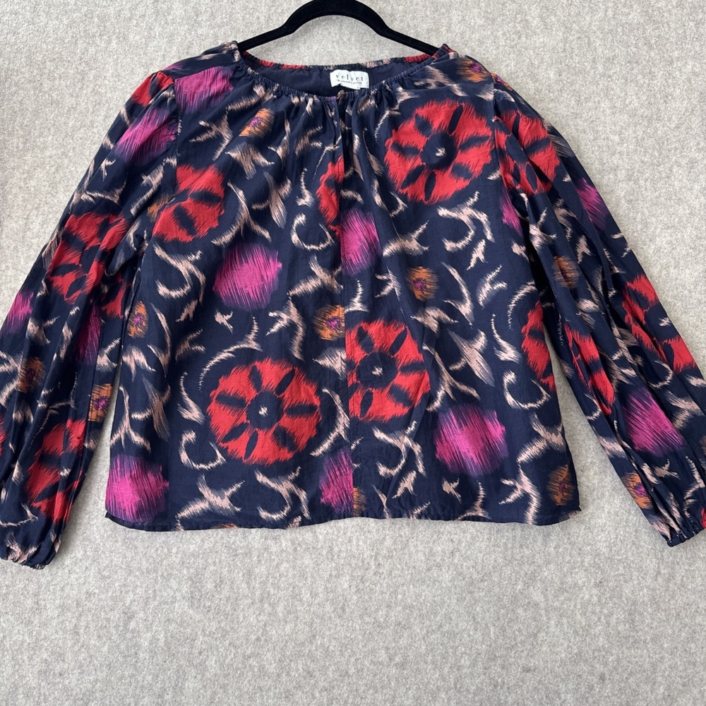 Velvet by Graham & Spencer Ikat Floral Blouse Silk Blend Womens M Navy Red India